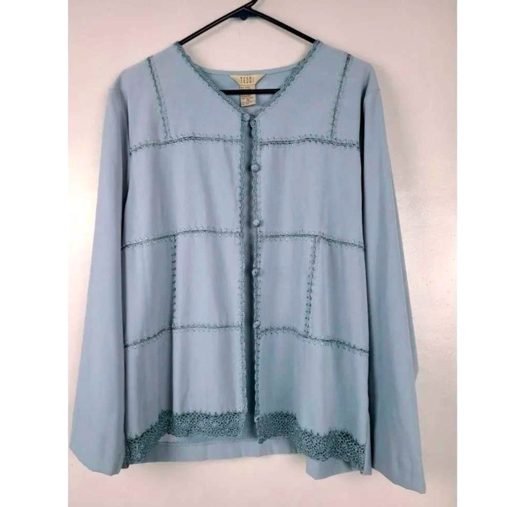 VTG 90s Teddi Jacket Womens XL Blue Faux Suede Lace Trim Button Front Shacket